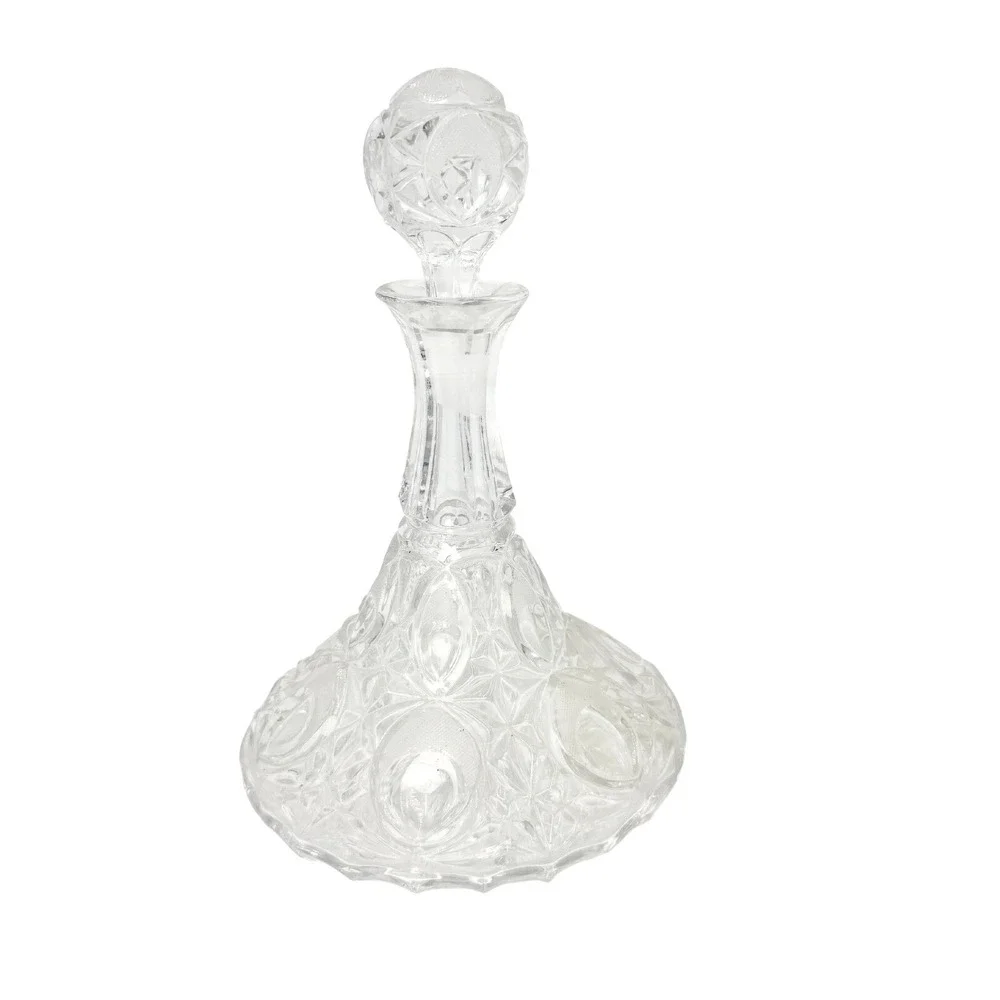 Vintage Cut Crystal Ships Decanter Wide Base with Stopper Clear Heavy